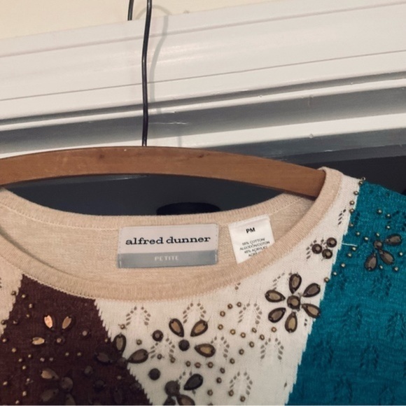 Alfred Dunner Color block LS Sweater Lightweight MP beiges choc brown dk teal - Picture 3 of 12